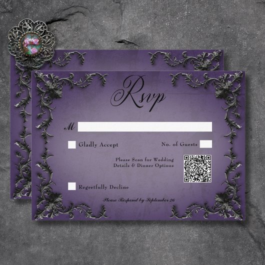 Gothic Black & Lila Filigree Herz QR Code RSVP Karte