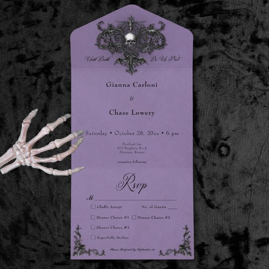 Gothic Black & Lila Halloween Filigree Dinner All In One Einladung