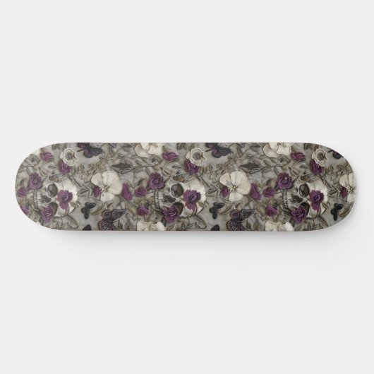 Gothic Black Lila Rose Skulls Moths Skateboard (Horizontal)