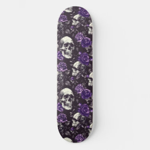 Gothic Black Lila Skulls and Rose Skateboard