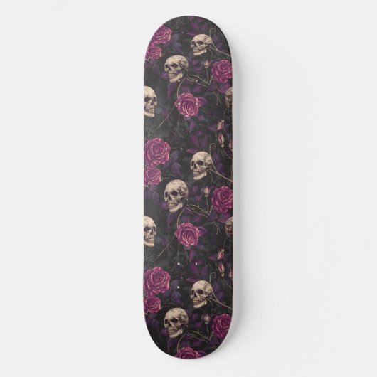 Gothic Black Lila Skulls and Rose Skateboard (Vorderseite)