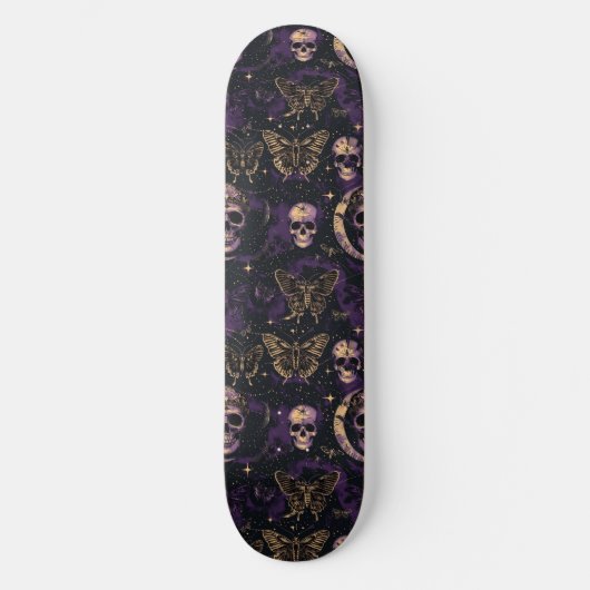 Gothic Black Lila Skulls Moths Moon Skateboard (Vorderseite)