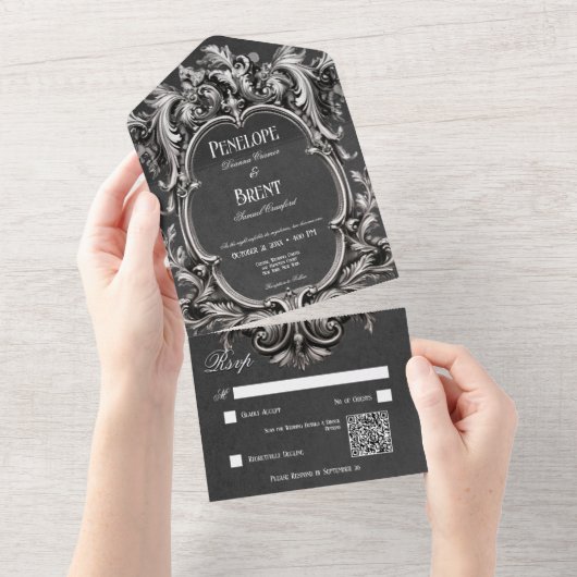 Gothic Black Moody Viktorianisch Frame QR Code All In One Einladung (Abreißen)