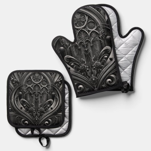 Gothic Black Oven Mitt and Pot Holder Set (Vorderseite/Rückseite)
