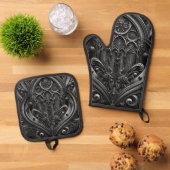 Gothic Black Oven Mitt and Pot Holder Set (Oben Unten)