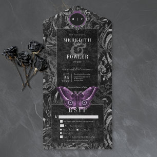 Gothic Black Purple Filigree Motten-Dinner-Hochzei All In One Einladung