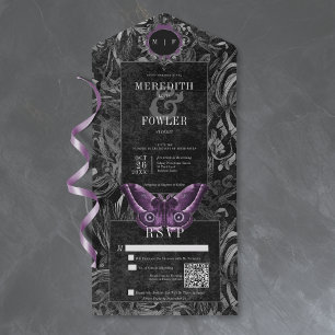 Gothic Black Purple Filigree Motten-QR-Code All In One Einladung