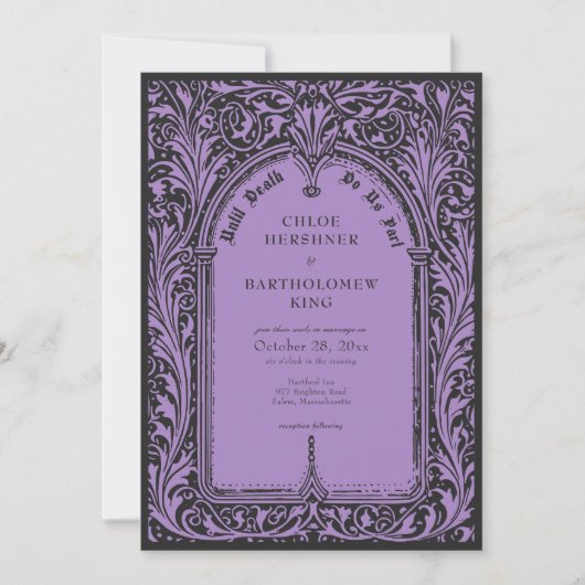 Gothic Black Purple Medieval Until Death Wedding Einladung (Vorderseite)