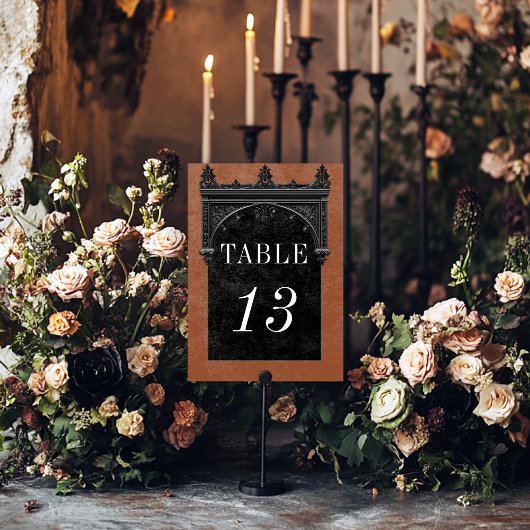 Gothic Black Raven & Black Arch Rust Wedding Tischnummer