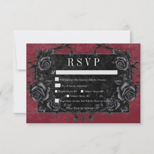 Gothic Black Raven & Black Rose Abendessen RSVP Karte (Vorderseite)