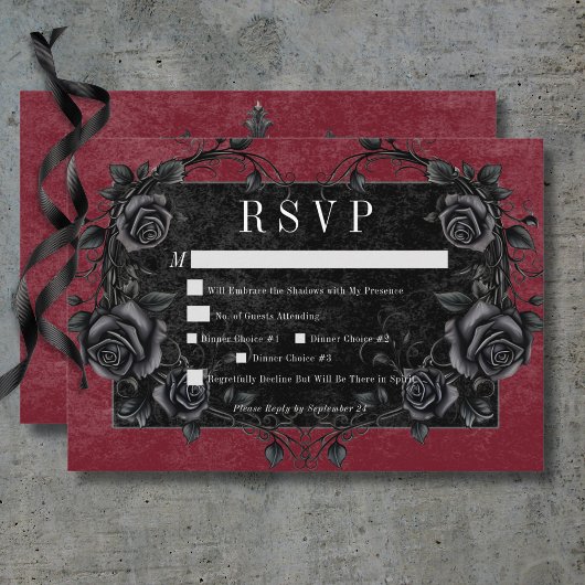 Gothic Black Raven & Black Rose Abendessen RSVP Karte