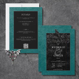 Gothic Black Raven & Black Rose Aquamarin Einladung
