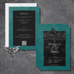 Gothic Black Raven & Black Rose Aquamarin Einladung