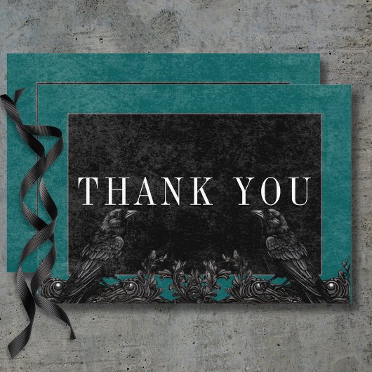 Gothic Black Raven & Black Rose Aquamarine Details Dankeskarte
