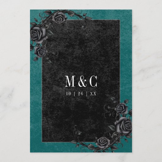 Gothic Black Raven & Black Rose Aquamarine Hochzei Menükarte (Rückseite)
