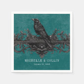 Gothic Black Raven & Black Rose Aquamarine Hochzei Serviette (Vorderseite)