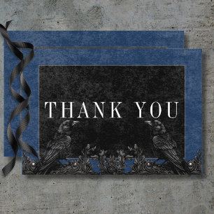 Gothic Black Raven & Black Rose Blaue Details Dankeskarte