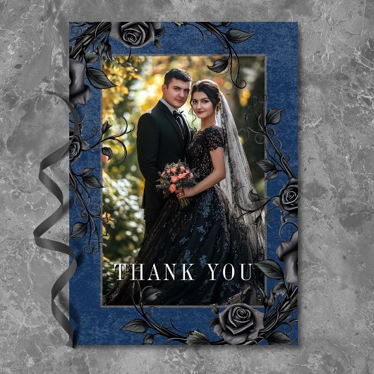 Gothic Black Raven Black Rose Blue Foto Wedding Dankeskarte