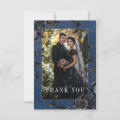 Gothic Black Raven Black Rose Blue Foto Wedding Dankeskarte (Vorderseite)