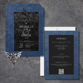 Gothic Black Raven & Black Rose Blue Two Side Einladung