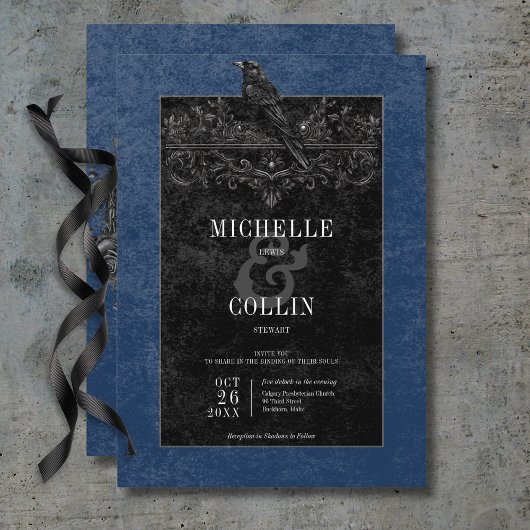 Gothic Black Raven & Black Rose Blue Wedding Einladung