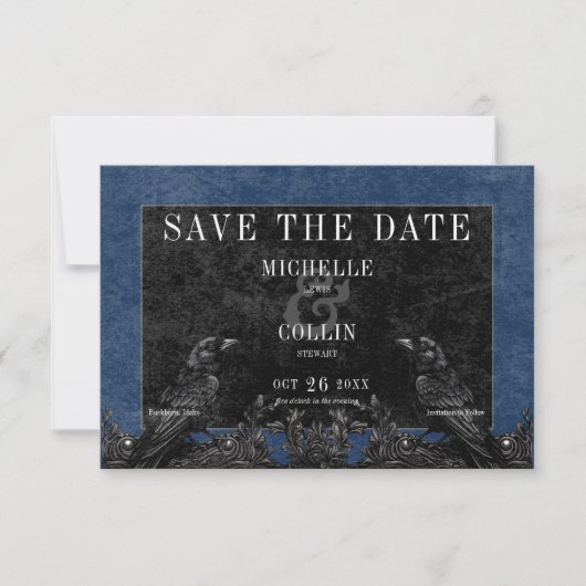 Gothic Black Raven & Black Rose Blue Wedding Save The Date (Vorderseite)