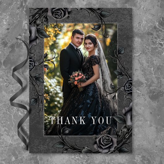 Gothic Black Raven & Black Rose Foto Hochzeit Dankeskarte
