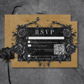 Gothic Black Raven & Black Rose Gold QR Code RSVP Karte