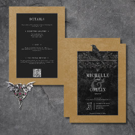Gothic Black Raven & Black Rose Gold Zwei Seiten Einladung