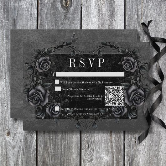Gothic Black Raven & Black Rose Hochzeit QR Code RSVP Karte