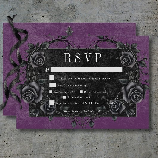Gothic Black Raven & Black Rose Lila Abendessen RSVP Karte