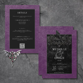 Gothic Black Raven & Black Rose Lila Einladung