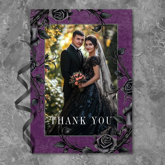 Gothic Black Raven Black Rose Lila Foto Hochzeit Dankeskarte
