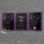 Gothic Black Raven & Black Rose Lila Hochzeit<br><div class="desc">Mit unserer Vintag gotischen Hochzeitseinladung bringen Sie Ihre Gäste in eine Welt der dunklen, bezaubernden Eleganz. Der lila Hintergrund im tiefen, gealterten Stil Set die Bühne für einen auffallenden Kontrast, da fett weißer Text entsteht. Auf dem Cover dieser Einladung fängt ein dreidimensionaler gotischer Rahmen, der mit einem echten schwarzen Rabe...</div>