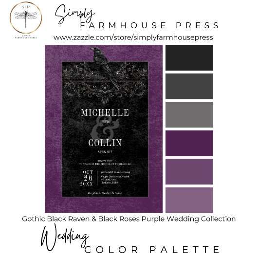 Gothic Black Raven & Black Rose Lila Hochzeit Einladung