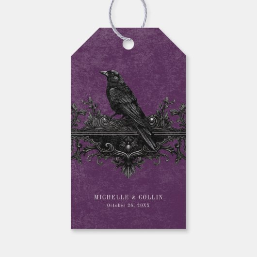 Gothic Black Raven & Black Rose Lila Hochzeit Geschenkanhänger (Rückseite)