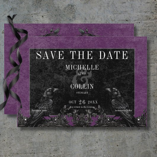 Gothic Black Raven & Black Rose Lila Hochzeit Save The Date
