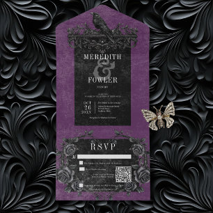 Gothic Black Raven & Black Rose Lila QR Code All In One Einladung