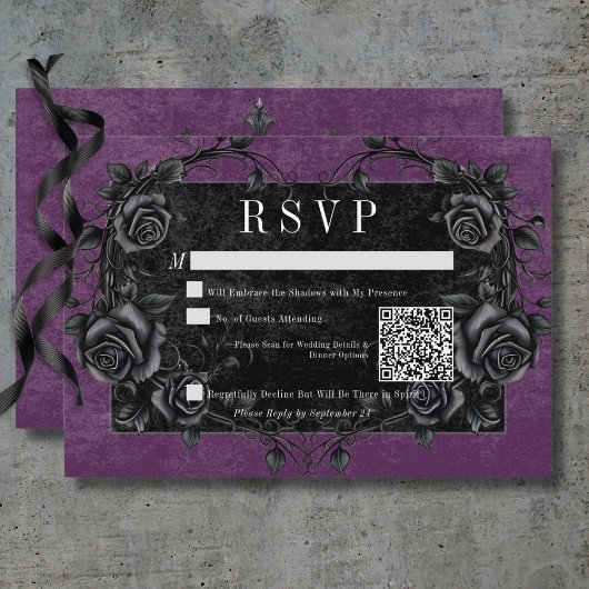 Gothic Black Raven & Black Rose Lila QR Code RSVP Karte