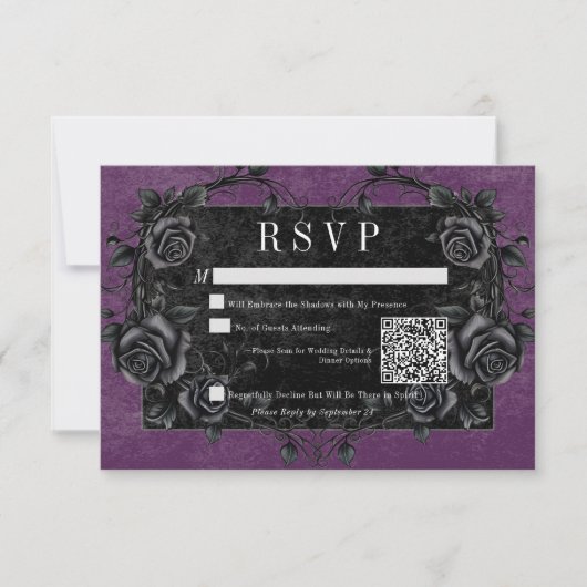 Gothic Black Raven & Black Rose Lila QR Code RSVP Karte (Vorderseite)