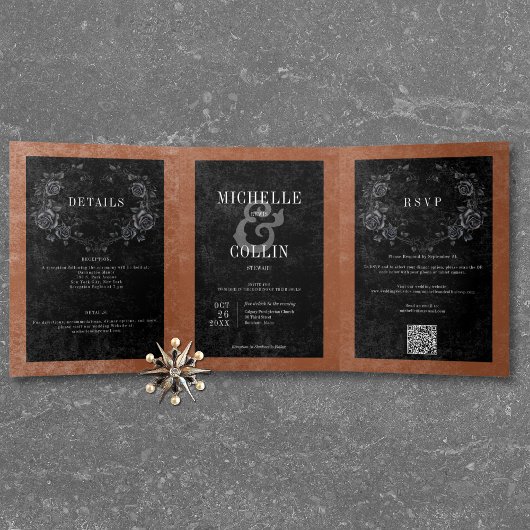 Gothic Black Raven & Black Rose Rust Wedding Dreifach Gefaltete Einladung