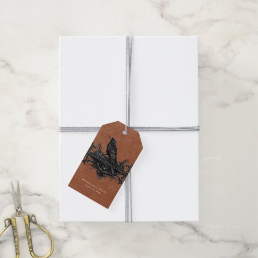 Gothic Black Raven & Black Rose Rust Wedding Geschenkanhänger (Mit Garn)