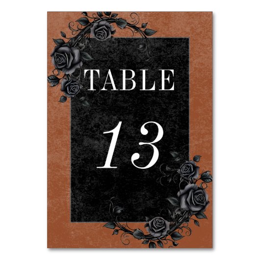 Gothic Black Raven & Black Rose Rust Wedding Tischnummer (Vorderseite)