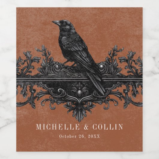 Gothic Black Raven & Black Rose Rust Wedding Weinetikett (Einzelnes Label)