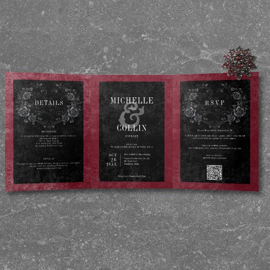 Gothic Black Raven & Black Rose Weinhochzeit Dreifach Gefaltete Einladung