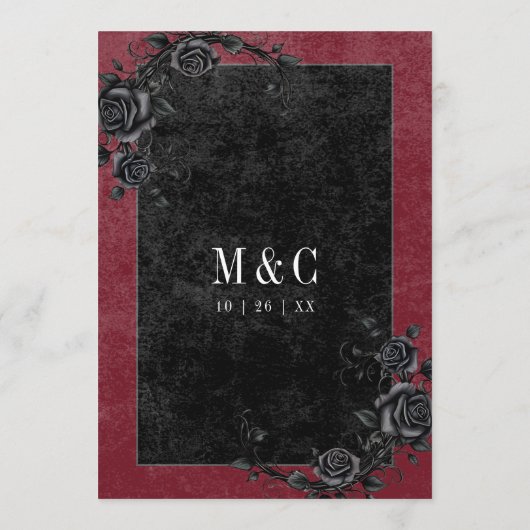 Gothic Black Raven & Black Rose Weinhochzeit Menükarte (Rückseite)