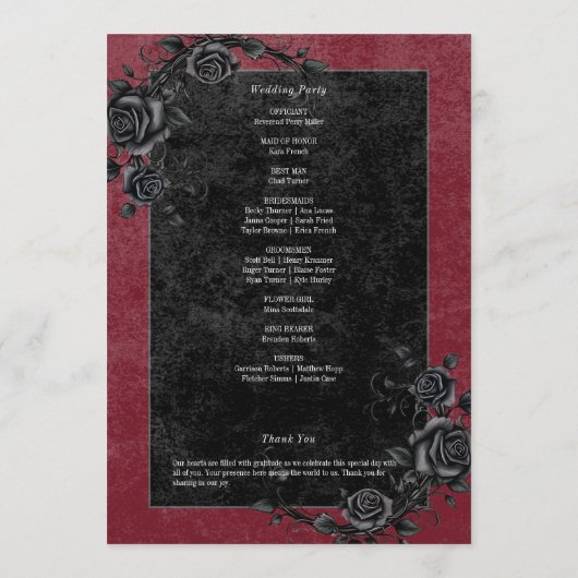 Gothic Black Raven & Black Rose Weinhochzeit Programm (Rückseite)