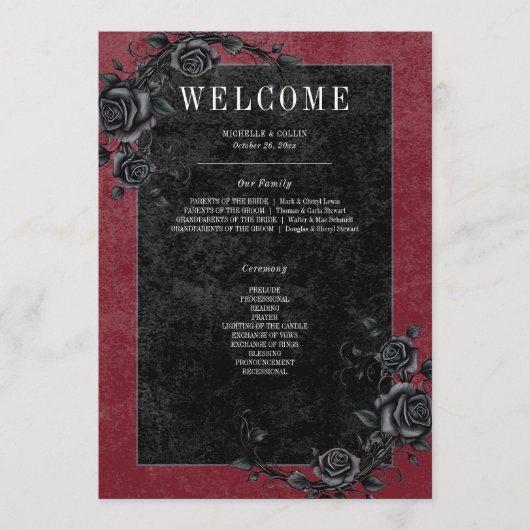 Gothic Black Raven & Black Rose Weinhochzeit Programm (Vorderseite)