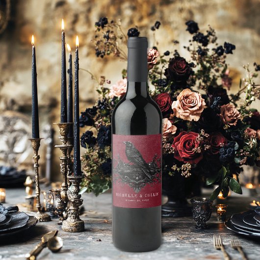 Gothic Black Raven & Black Rose Weinhochzeit Weinetikett