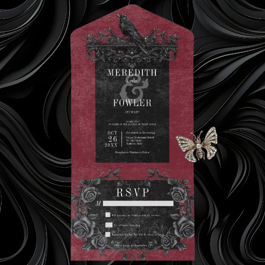 Gothic Black Raven & Black Rose Wine No Dinner All In One Einladung